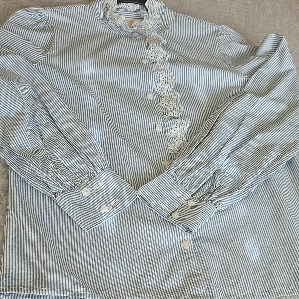 Navy Striped Women's Blouse with Ruffle Detail - Picture 8 of 11